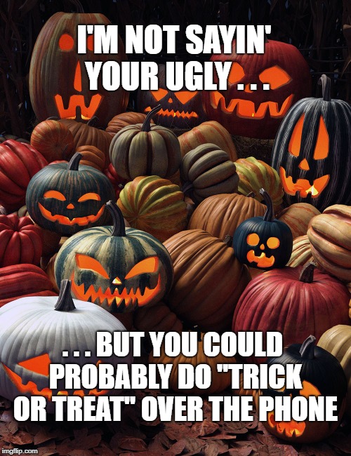 Too ugly for Halloween | I'M NOT SAYIN' YOUR UGLY . . . . . . BUT YOU COULD PROBABLY DO "TRICK OR TREAT" OVER THE PHONE | image tagged in halloween,ugly,trick or treat | made w/ Imgflip meme maker