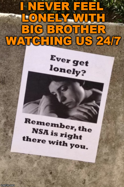 Just walk around your city and you should feel comfortable. |  I NEVER FEEL LONELY WITH BIG BROTHER WATCHING US 24/7 | image tagged in political meme,nsa,big brother,big government,humor | made w/ Imgflip meme maker