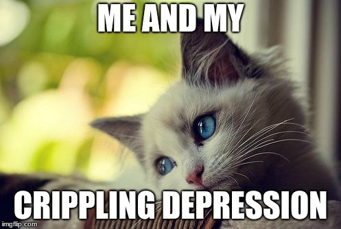 First World Problems Cat | ME AND MY; CRIPPLING DEPRESSION | image tagged in memes,first world problems cat | made w/ Imgflip meme maker