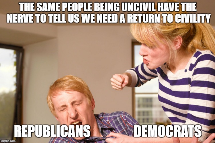 Who's bullying who? | THE SAME PEOPLE BEING UNCIVIL HAVE THE NERVE TO TELL US WE NEED A RETURN TO CIVILITY; REPUBLICANS                 DEMOCRATS | image tagged in democrats,fascists | made w/ Imgflip meme maker