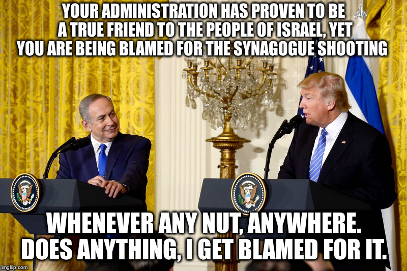 Trump Blamed For Synagogue Shooting | YOUR ADMINISTRATION HAS PROVEN TO BE A TRUE FRIEND TO THE PEOPLE OF ISRAEL, YET YOU ARE BEING BLAMED FOR THE SYNAGOGUE SHOOTING; WHENEVER ANY NUT, ANYWHERE. DOES ANYTHING, I GET BLAMED FOR IT. | image tagged in donald trump,prime minister netanyahu,synagogue shooting,blame game | made w/ Imgflip meme maker