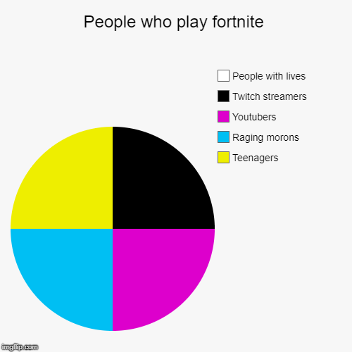 People who play fortnite | Teenagers, Raging morons, Youtubers, Twitch streamers, People with lives | image tagged in funny,pie charts | made w/ Imgflip chart maker