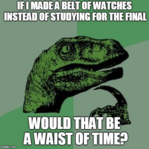 Philosoraptor | IF I MADE A BELT OF WATCHES INSTEAD OF STUDYING FOR THE FINAL; WOULD THAT BE A WAIST OF TIME? | image tagged in memes,philosoraptor | made w/ Imgflip meme maker