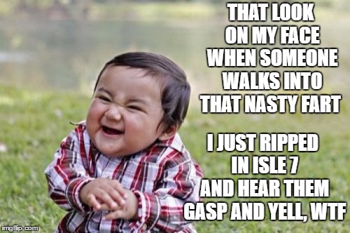 Evil Toddler Meme | THAT LOOK ON MY FACE WHEN SOMEONE WALKS INTO THAT NASTY FART; I JUST RIPPED IN ISLE 7 AND HEAR THEM GASP AND YELL, WTF | image tagged in memes,evil toddler | made w/ Imgflip meme maker