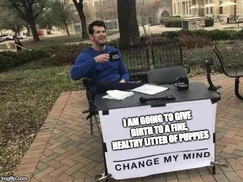 Delicious Covfefe | I AM GOING TO GIVE BIRTH TO A FINE, HEALTHY LITTER OF PUPPIES | image tagged in change my mind | made w/ Imgflip meme maker