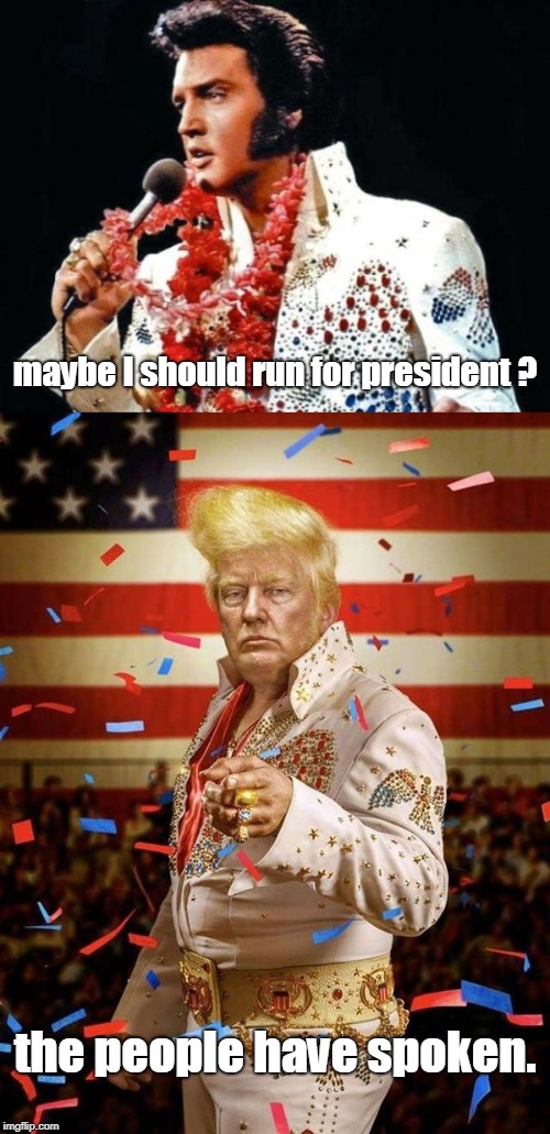 It takes a yuge ego and considerable money to become a usa president.vote elvis
 | maybe I should run for president ? the people have spoken. | image tagged in elvis presley,donald trump,careful what you wish for | made w/ Imgflip meme maker