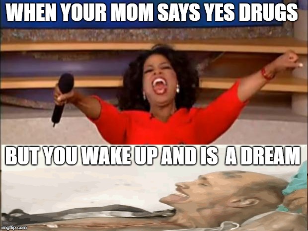 Oprah You Get A | WHEN YOUR MOM SAYS YES DRUGS; BUT YOU WAKE UP AND IS  A DREAM | image tagged in memes,oprah you get a | made w/ Imgflip meme maker
