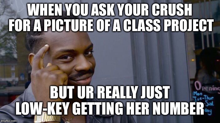 Roll Safe Think About It | WHEN YOU ASK YOUR CRUSH FOR A PICTURE OF A CLASS PROJECT; BUT UR REALLY JUST LOW-KEY GETTING HER NUMBER | image tagged in memes,roll safe think about it | made w/ Imgflip meme maker
