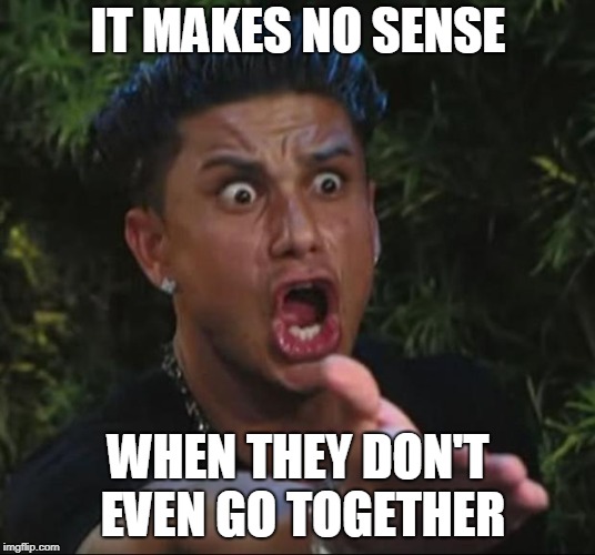 DJ Pauly D Meme | IT MAKES NO SENSE WHEN THEY DON'T EVEN GO TOGETHER | image tagged in memes,dj pauly d | made w/ Imgflip meme maker