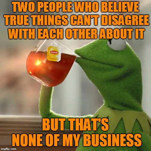 But That's None Of My Business Meme | TWO PEOPLE WHO BELIEVE TRUE THINGS CAN'T DISAGREE WITH EACH OTHER ABOUT IT BUT THAT'S NONE OF MY BUSINESS | image tagged in memes,but thats none of my business,kermit the frog | made w/ Imgflip meme maker