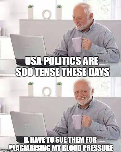 Hide the Pain Harold | USA POLITICS ARE SOO TENSE THESE DAYS; IL HAVE TO SUE THEM FOR PLAGIARISING MY BLOOD PRESSURE | image tagged in memes,hide the pain harold | made w/ Imgflip meme maker