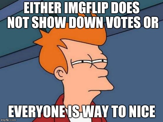 Futurama Fry | EITHER IMGFLIP DOES NOT SHOW DOWN VOTES OR; EVERYONE IS WAY TO NICE | image tagged in memes,futurama fry | made w/ Imgflip meme maker