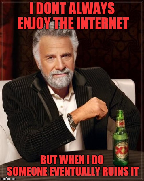 The Most Interesting Man In The World Meme | I DONT ALWAYS ENJOY THE INTERNET BUT WHEN I DO SOMEONE EVENTUALLY RUINS IT | image tagged in memes,the most interesting man in the world | made w/ Imgflip meme maker