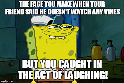Don't You Squidward | THE FACE YOU MAKE WHEN YOUR FRIEND SAID HE DOESN'T WATCH ANY VINES; BUT YOU CAUGHT IN THE ACT OF LAUGHING! | image tagged in memes,dont you squidward | made w/ Imgflip meme maker