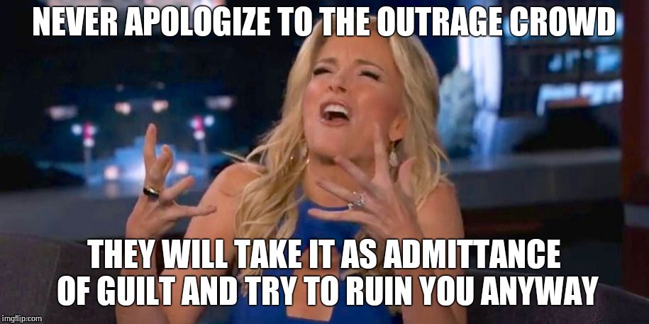 That's a major reason they hate Trump-Doesn't play their game | NEVER APOLOGIZE TO THE OUTRAGE CROWD; THEY WILL TAKE IT AS ADMITTANCE OF GUILT AND TRY TO RUIN YOU ANYWAY | image tagged in megan kelley,liberal hypocrisy,sjws,regressive left | made w/ Imgflip meme maker