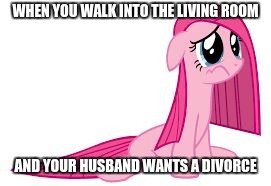 Pinkie Pie very sad | WHEN YOU WALK INTO THE LIVING ROOM; AND YOUR HUSBAND WANTS A DIVORCE | image tagged in pinkie pie very sad | made w/ Imgflip meme maker