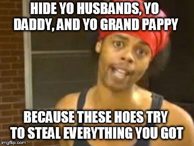 Hide Yo Kids Hide Yo Wife Meme | HIDE YO HUSBANDS, YO DADDY, AND YO GRAND PAPPY; BECAUSE THESE HOES TRY TO STEAL EVERYTHING YOU GOT | image tagged in memes,hide yo kids hide yo wife | made w/ Imgflip meme maker