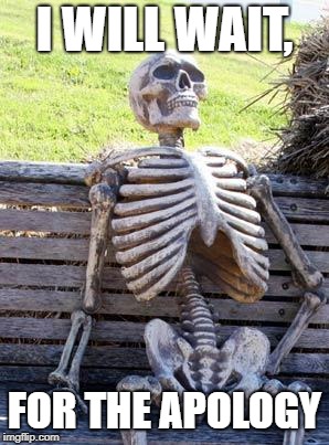 Waiting Skeleton Meme | I WILL WAIT, FOR THE APOLOGY | image tagged in memes,waiting skeleton | made w/ Imgflip meme maker