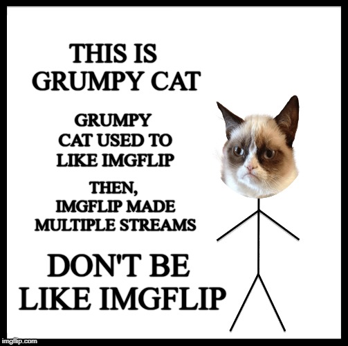 THIS IS GRUMPY CAT; GRUMPY CAT USED TO LIKE IMGFLIP; THEN, IMGFLIP MADE MULTIPLE STREAMS; DON'T BE LIKE IMGFLIP | image tagged in grumpy cat,imgflip,this is bill,don't be like bill,cats,cat meme | made w/ Imgflip meme maker