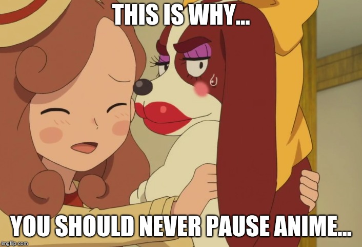 Layton, what have you been doing with your dog? | THIS IS WHY... YOU SHOULD NEVER PAUSE ANIME... | image tagged in layton | made w/ Imgflip meme maker