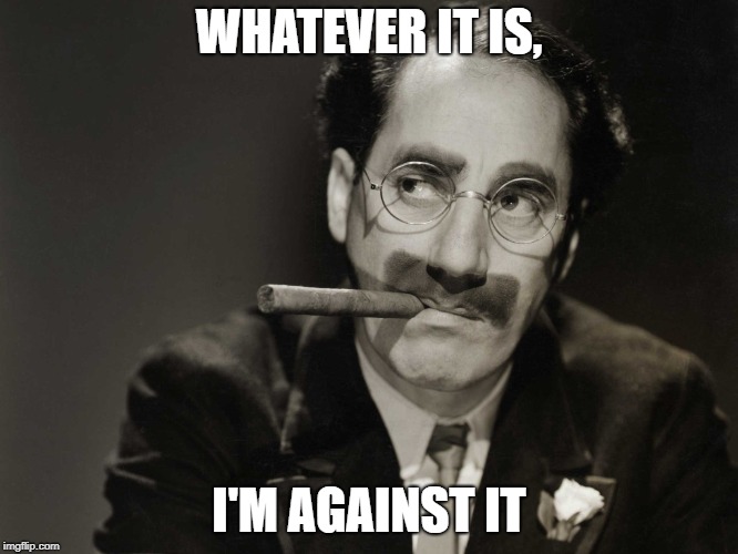 Thoughtful Groucho | WHATEVER IT IS, I'M AGAINST IT | image tagged in thoughtful groucho | made w/ Imgflip meme maker
