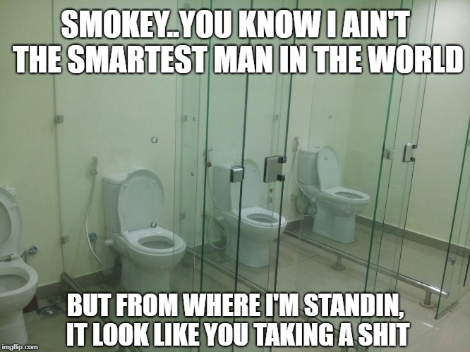 SMOKEY..YOU KNOW I AIN'T THE SMARTEST MAN IN THE WORLD; BUT FROM WHERE I'M STANDIN, IT LOOK LIKE YOU TAKING A SHIT | image tagged in funny | made w/ Imgflip meme maker