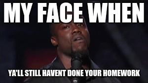 MY FACE WHEN | MY FACE WHEN; YA'LL STILL HAVENT DONE YOUR HOMEWORK | image tagged in my face when | made w/ Imgflip meme maker