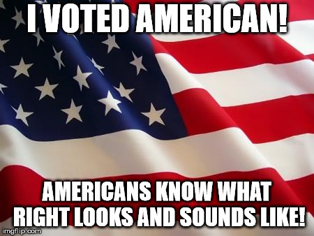 American flag | I VOTED AMERICAN! AMERICANS KNOW WHAT RIGHT LOOKS AND SOUNDS LIKE! | image tagged in american flag | made w/ Imgflip meme maker