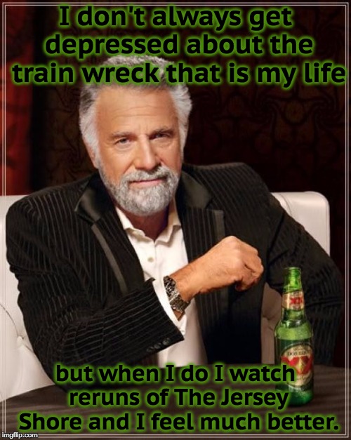 The Most Interesting Man In The World Meme | I don't always get depressed about the train wreck that is my life; but when I do I watch reruns of The Jersey Shore and I feel much better. | image tagged in memes,the most interesting man in the world | made w/ Imgflip meme maker