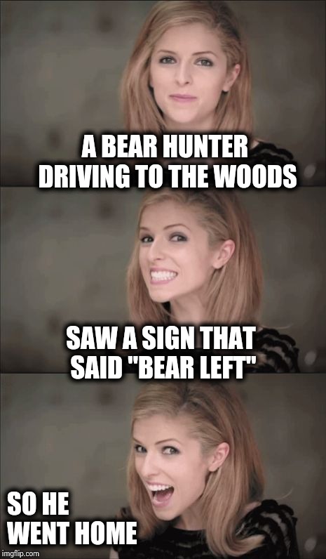 . . . and they trusted this fool with a gun | A BEAR HUNTER DRIVING TO THE WOODS; SAW A SIGN THAT SAID "BEAR LEFT"; SO HE WENT HOME | image tagged in memes,bad pun anna kendrick,hunting,dumb,shopping,smart | made w/ Imgflip meme maker