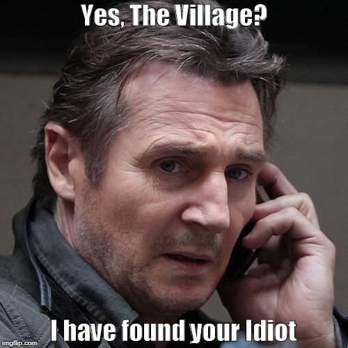 Found your idiot |  Yes, The Village? I have found your Idiot | image tagged in liam neeson | made w/ Imgflip meme maker