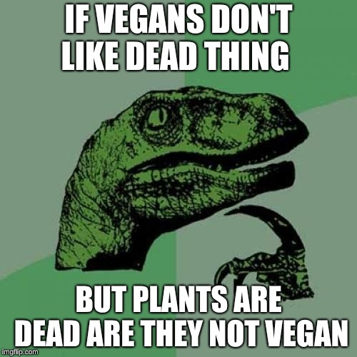 Philosoraptor Meme | IF VEGANS DON'T LIKE DEAD THING; BUT PLANTS ARE DEAD ARE THEY NOT VEGAN | image tagged in memes,philosoraptor | made w/ Imgflip meme maker