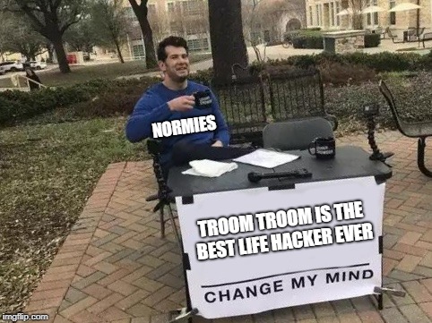 Change My Mind | NORMIES; TROOM TROOM IS THE BEST LIFE HACKER EVER | image tagged in change my mind | made w/ Imgflip meme maker