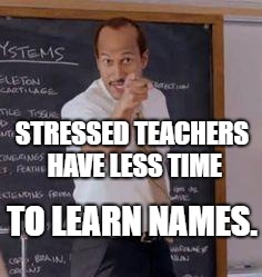 Substitute Teacher(You Done Messed Up A A Ron) | STRESSED TEACHERS HAVE LESS TIME; TO LEARN NAMES. | image tagged in substitute teacheryou done messed up a a ron | made w/ Imgflip meme maker