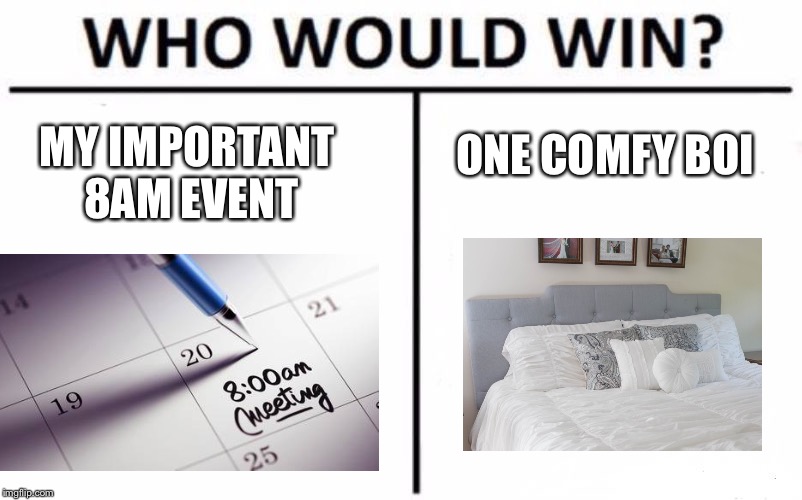 Who Would Win? | ONE COMFY BOI; MY IMPORTANT 8AM EVENT | image tagged in memes,who would win | made w/ Imgflip meme maker