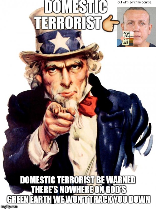 Uncle Sam Meme | DOMESTIC TERRORIST👉; DOMESTIC TERRORIST BE WARNED THERE'S NOWHERE ON GOD'S GREEN EARTH WE WON'T TRACK YOU DOWN | image tagged in memes,uncle sam | made w/ Imgflip meme maker