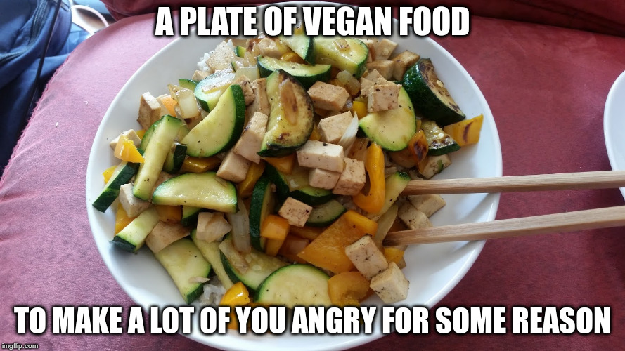 This delicious food will make a lot of you mad! | A PLATE OF VEGAN FOOD; TO MAKE A LOT OF YOU ANGRY FOR SOME REASON | image tagged in vegan,food,vegetarian,humor,troll | made w/ Imgflip meme maker