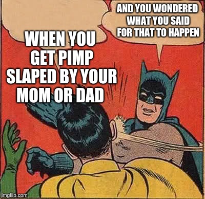 Batman Slapping Robin | WHEN YOU GET PIMP SLAPED BY YOUR MOM OR DAD; AND YOU WONDERED WHAT YOU SAID FOR THAT TO HAPPEN | image tagged in memes,batman slapping robin | made w/ Imgflip meme maker