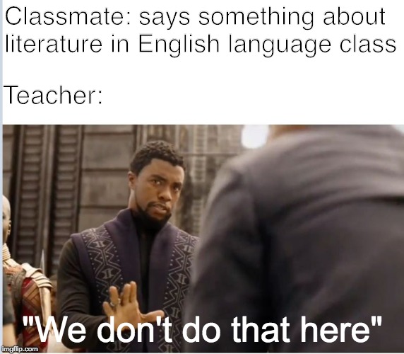 English Language class in a nutshell | Classmate: says something about literature in English language class; Teacher:; "We don't do that here" | image tagged in we don't do that here,school | made w/ Imgflip meme maker