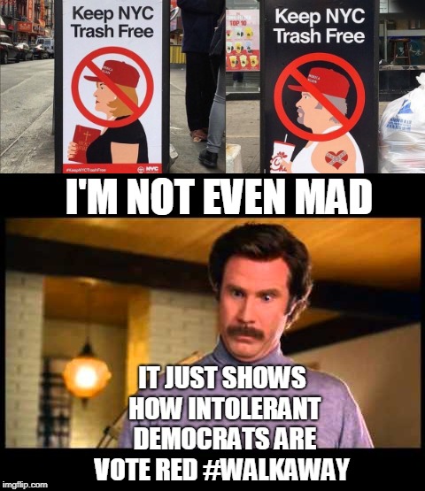 Not all liberals think this way, the ones who don't should either stay home on election day or vote red. | I'M NOT EVEN MAD; IT JUST SHOWS HOW INTOLERANT DEMOCRATS ARE VOTE RED #WALKAWAY | image tagged in nyc,i'm not even mad,walk away,intolerance,democrats,memes | made w/ Imgflip meme maker