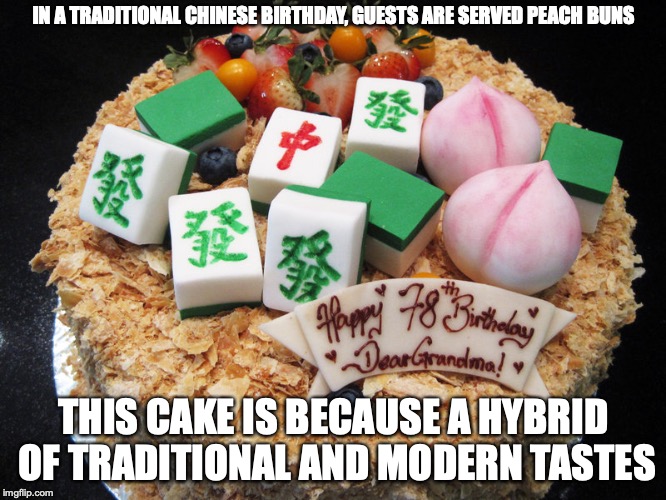 Birthday Cake for a Chinese Grandparent | IN A TRADITIONAL CHINESE BIRTHDAY, GUESTS ARE SERVED PEACH BUNS; THIS CAKE IS BECAUSE A HYBRID OF TRADITIONAL AND MODERN TASTES | image tagged in birthday cake,memes | made w/ Imgflip meme maker