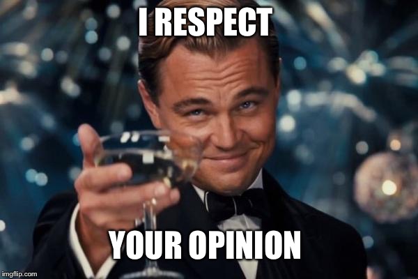 Leonardo Dicaprio Cheers Meme | I RESPECT YOUR OPINION | image tagged in memes,leonardo dicaprio cheers | made w/ Imgflip meme maker