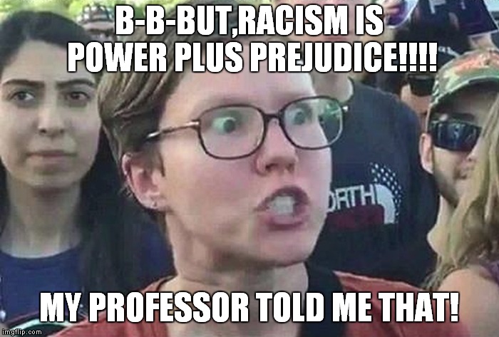 Triggered Liberal | B-B-BUT,RACISM IS POWER PLUS PREJUDICE!!!! MY PROFESSOR TOLD ME THAT! | image tagged in triggered liberal | made w/ Imgflip meme maker