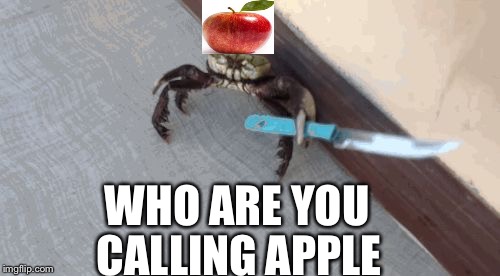 Knife wielding crab | WHO ARE YOU CALLING APPLE | image tagged in knife wielding crab | made w/ Imgflip meme maker