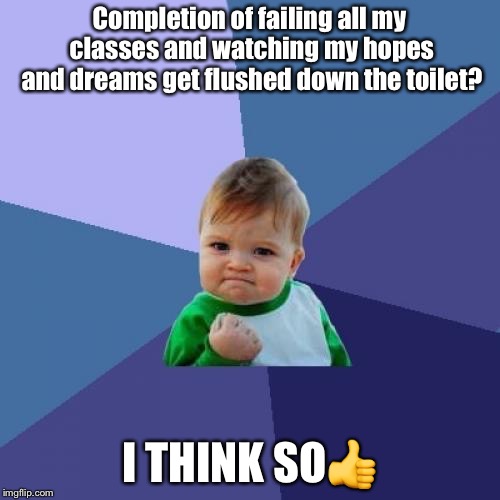 Success Kid Meme | Completion of failing all my classes and watching my hopes and dreams get flushed down the toilet? I THINK SO👍 | image tagged in memes,success kid | made w/ Imgflip meme maker
