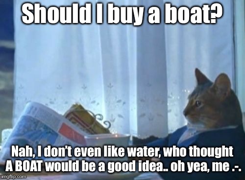 I Should Buy A Boat Cat | Should I buy a boat? Nah, I don’t even like water, who thought A BOAT would be a good idea.. oh yea, me .-. | image tagged in memes,i should buy a boat cat | made w/ Imgflip meme maker