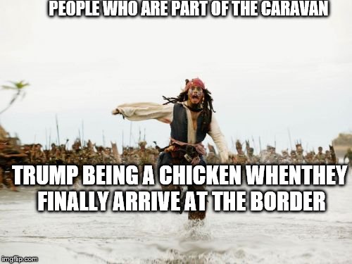 Jack Sparrow Being Chased Meme | PEOPLE WHO ARE PART OF THE CARAVAN; TRUMP BEING A CHICKEN WHENTHEY FINALLY ARRIVE AT THE BORDER | image tagged in memes,jack sparrow being chased | made w/ Imgflip meme maker