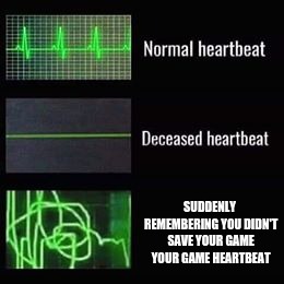 heartbeat rate | SUDDENLY REMEMBERING YOU DIDN'T SAVE YOUR GAME YOUR GAME HEARTBEAT | image tagged in heartbeat rate | made w/ Imgflip meme maker
