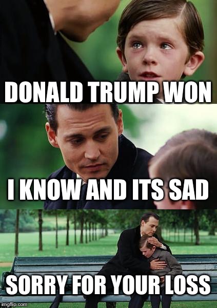 Finding Neverland | DONALD TRUMP WON; I KNOW AND ITS SAD; SORRY FOR YOUR LOSS | image tagged in memes,finding neverland | made w/ Imgflip meme maker