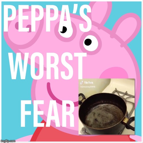 Peppa pig more like pork chops  | image tagged in peppa pig,frying pan | made w/ Imgflip meme maker
